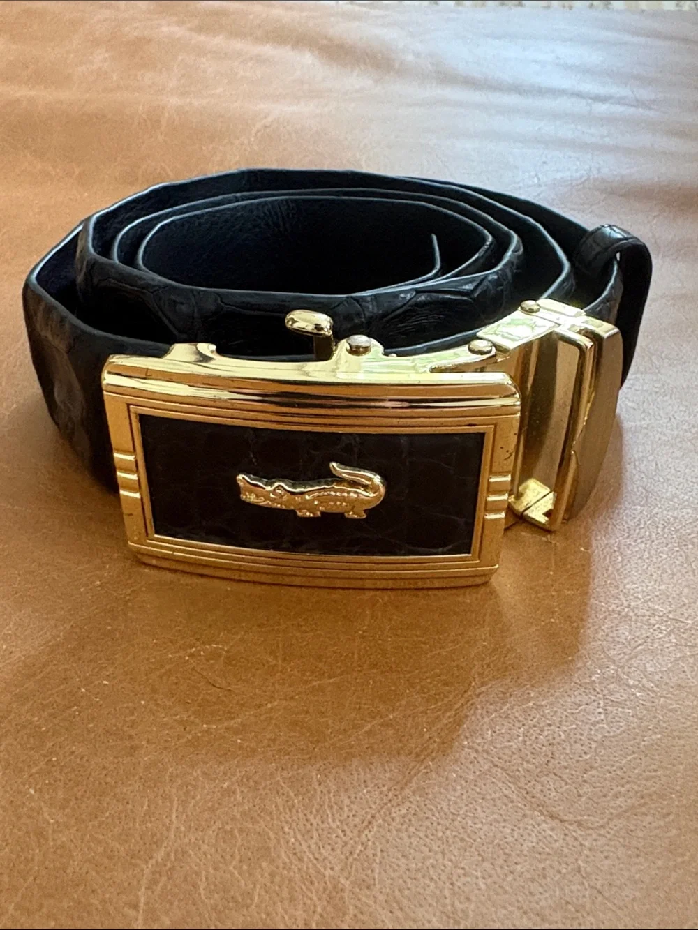 Leather Men’s Belt with Gold Crocodile Buckle - Black